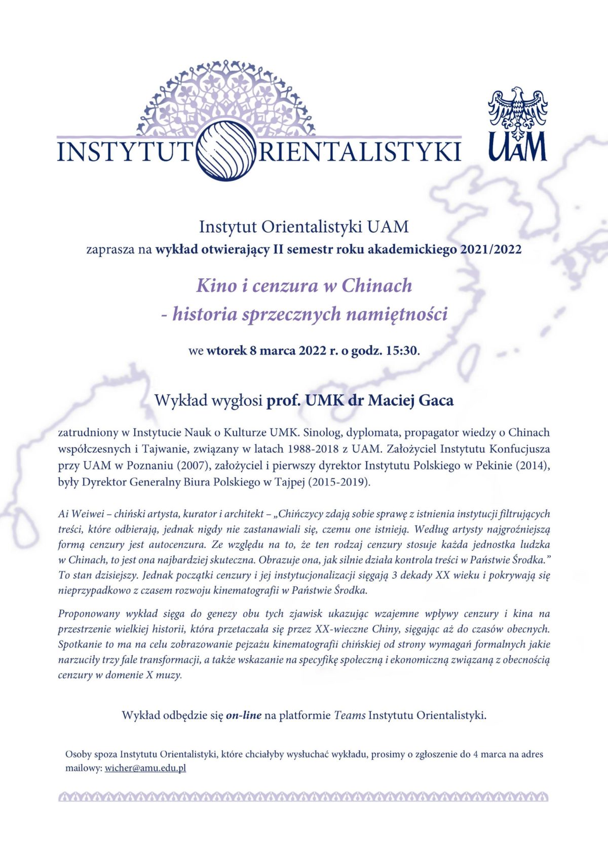 Zapraszamy na wykład otwierający II semestr roku akademickiego 2021/2022 w Instytucie Orientalistyki UAM